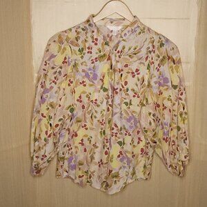 LC Lauren Conrad Womens Tan Floral Oversized Sleeve Button Down Shirt Large